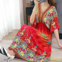 Casual bohemio estilo nacional con cuello en V cintura elástica gran Swing impreso verano Falda larga mujer vestido ropa - details 33