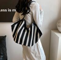 Bolso de mano informal para mujer, bolso de hombro tejido transpirable a rayas con cierre magnético, gran capacidad para viajes, desplazamientos y uso diario, diseño de rayas blancas y negras, bolso de viaje, bolso minimalista, asas duraderas, 1 unidad - details 7