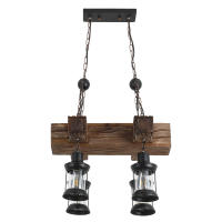 Lámpara colgante vintage industrial de metal y madera, 4 cabezales, pantalla de cristal E27, lámpara de araña de madera vintage - details 10