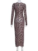 Vestido de Mango Largo con Cuello Redondo Estilo Bodycon de Leopardo para Mujeres Moda de Club Sexy - details 6