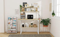 Rcynview Mesa de Escritorio con Estante Mueble Moderno para Hogar y Oficina Ironía y Madera Base Material Incluye Enchufes y Estantes - details 0