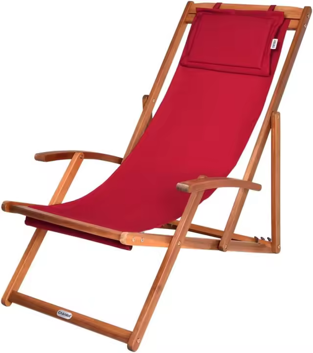 Tumbona plegable de madera de acacia, carga 160 kg, silla de jardín/playa, transpirable, ajustable, roja. - 1