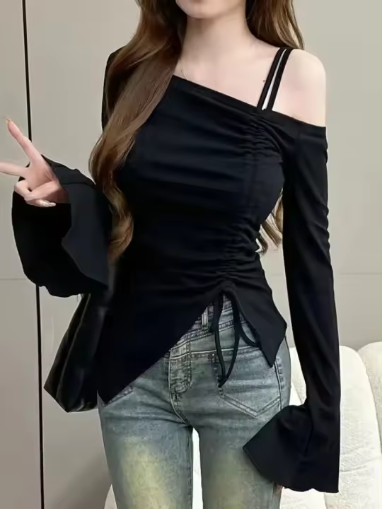 Dulce cinta con cordón blanco fuera del hombro Top mujeres básico manga larga cuerpo camiseta elegante manga acampanada señora camisetas - 1