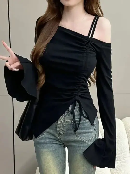 Dulce cinta con cordón blanco fuera del hombro Top mujeres básico manga larga cuerpo camiseta elegante manga acampanada señora camisetas - 1