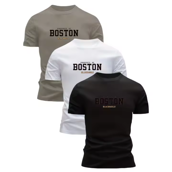3 camisetas 100% algodón para hombre - Estampado gráfico Boston, negro, blanco, azul marino, camiseta informal de manga corta con cuello redondo para verano, camisetas de algodón - 1
