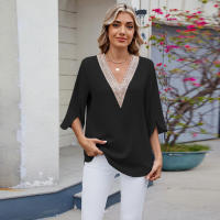 BUNO-2025 Blusa de moda con cuello en V para mujer, camisas de gasa de siete mangas con empalme de encaje, camisa holgada informal de Color sólido elegante para oficina, novedad de 20252 - details 17
