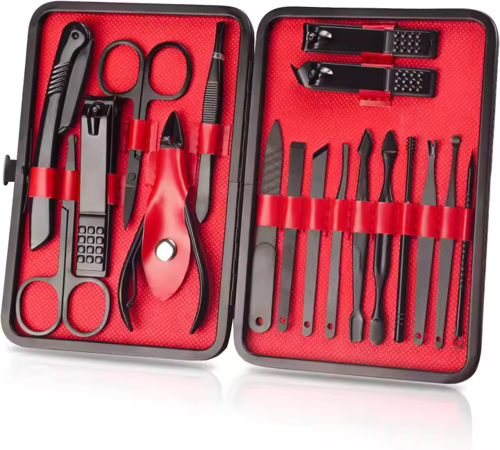 OWill Juego de manicura, 18 piezas de cortaúñas, kit de pedicura, herramientas profesionales de manicura, regalo para hombres, marido, amigos y padres (negro y marrón) - 1