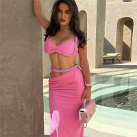 BUNO-Conjunto de 2 piezas con trenza de Color de gato extraño para mujer, Tops con sujetador + faldas ajustadas, vendaje con abertura lateral, trajes de tendencia para fiesta en la playa y vacaciones fruncidos - details 4