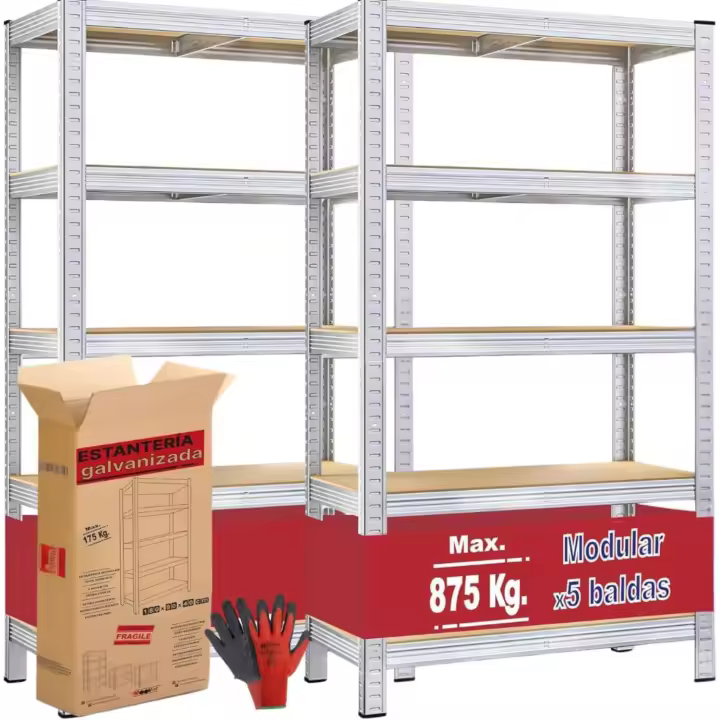 2 Estanterías Pared metálica galvanizada 180x90x40cm, librería para almacenaje. Modular 5 estantes.Mesa de Trabajo. Armario para ordenar Taller mecánico, Garaje, Cocina, despensa, baño - 1