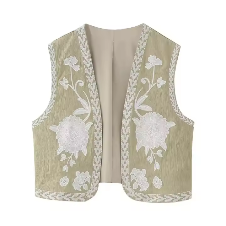 Chaleco floral bordado vintage para mujer, chaleco abierto sin mangas, top corto informal de verano - 1
