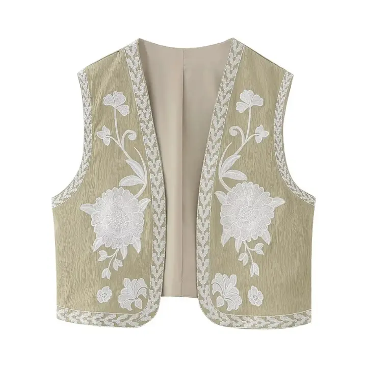 Chaleco floral bordado vintage para mujer, chaleco abierto sin mangas, top corto informal de verano - 1