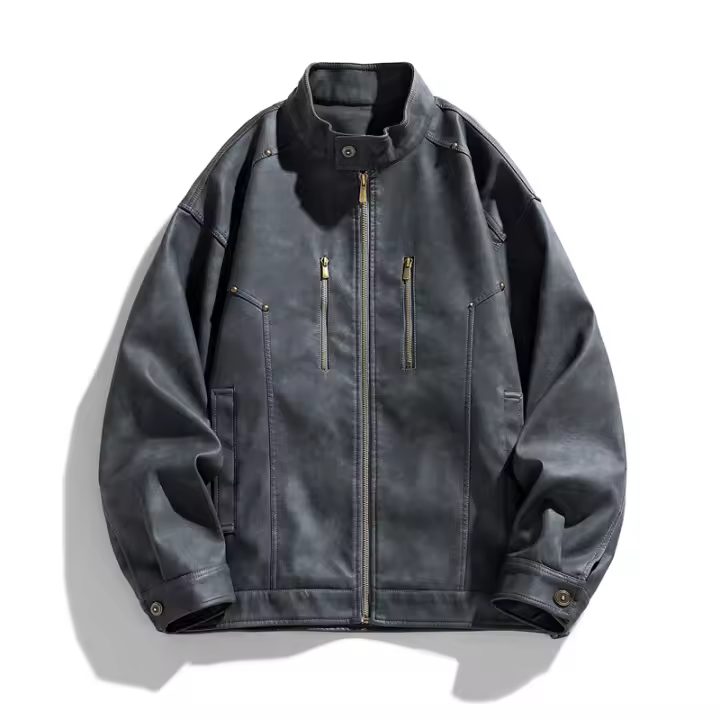 Chaqueta de Cuero de Locomotora Retro Estilo Suelto y Sencillo con Cuello Volante para Hombres - 1