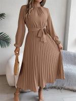 Vestido plisado elegante con cuello levantado y manga larga y cintura cerrada para mujer, vestido largo de Otoño Invierno - details 23