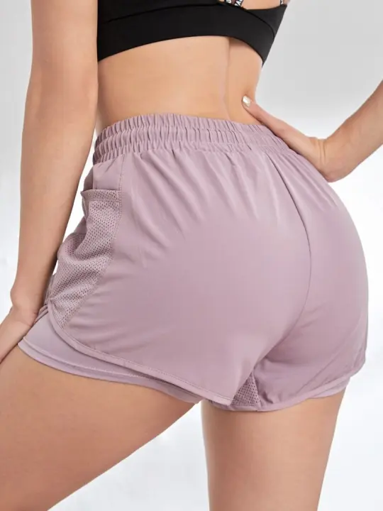 Pantalones cortos deportivos elásticos para mujer, pantalones cortos con bolsillos, mallas de Yoga falsas de dos piezas para correr y entrenar - 1