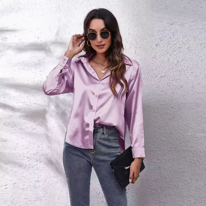 Camisa De Seda Para Mujer Elegante Y Cómoda De Satén Manga Larga Cuello En V Abierta Estilo Oficina Primavera Otoño - 1