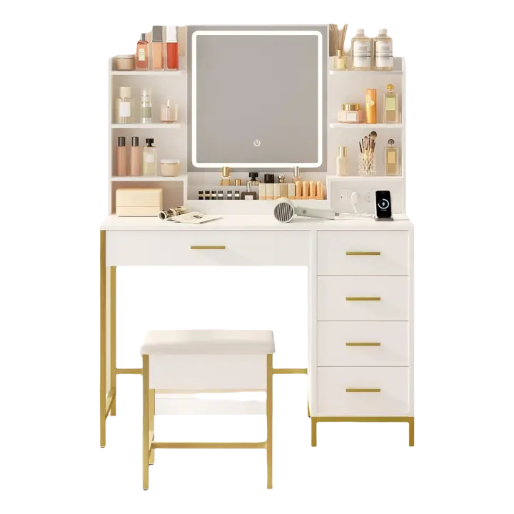 Espejo HD con Luces LED Ajustables Moderno, Blanco-Dorado, 5 Cajones y 10 Compartimentos, Enchufable y USB - 1
