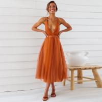 Vestido de tul Sexy profundo de verano para mujerVVestido Midi de tirantes finos con cuello sin espalda - details 5
