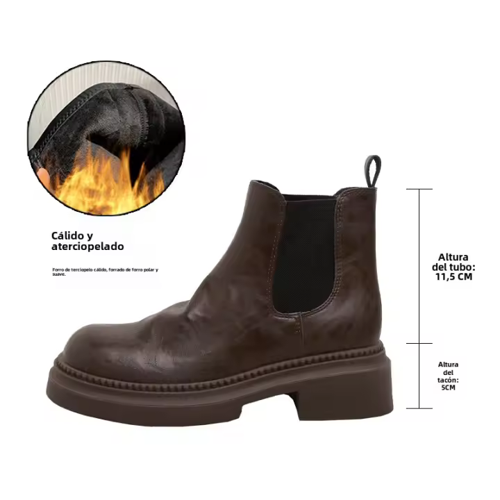 Botines cortos de realce interior de piel de vaca lavada, botines cortos Chelsea retro de tacón grueso plisado para mujer - 1