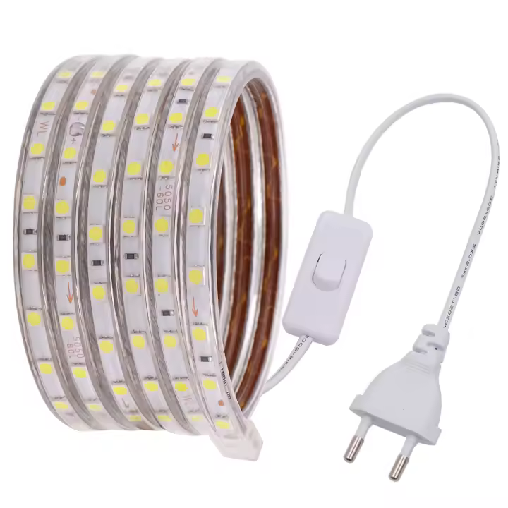 Tira de luces LED de CA 220V con enchufe de interruptor SMD5050, 60LEDs/m, cinta LED impermeable, Blanco/blanco cálido, rayas flexibles - 1
