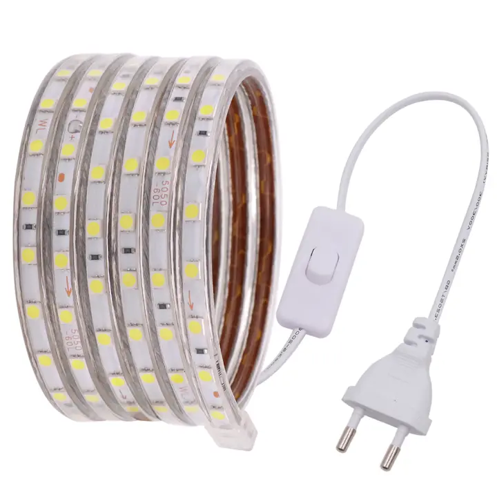 Tira de luces LED de CA 220V con enchufe de interruptor SMD5050, 60LEDs/m, cinta LED impermeable, Blanco/blanco cálido, rayas flexibles - 1
