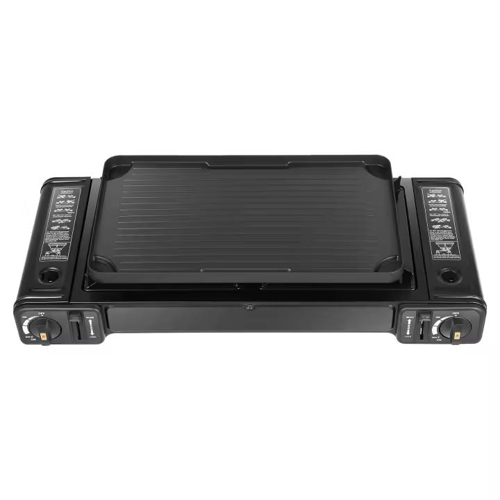 Estufa de Camping portátil negra, 2 quemadores, estufa de Camping con bandeja de parrilla, 41,8x23,8x1,8 cm para acampar, viajar, etc. - 1