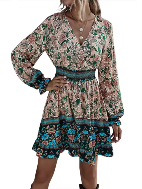 Vestido con Ribbers Estampado Bohemio para Mujer, Vestido Vintage Elegante y Bonito de Manga Larga - 1