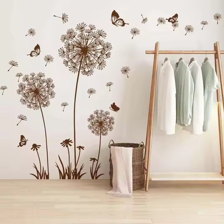 Pegatina creativa de mariposa de diente de león marrón para decoración de pared autoadhesiva para sala de estar y cama - 1