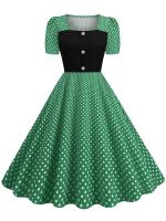 Women summer casual polka dot print short sleeve a line party vintage elegant midi dress - details 18