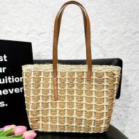 Bolso de mano de paja tejido de gran capacidad de inspiración vintage con patrón de rejilla negra: elegante para llevar en el hombro y las axilas, ideal para la playa, desplazamientos diarios y regalos navideños, disponible en negro, bolso de paja, tejido - details 1