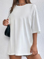 Primavera verano europeo y americano simple blanco manga corta suelta camiseta cuello redondo media manga poliéster versión ligera top - details 1