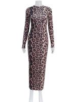 Vestido de Mango Largo con Cuello Redondo Estilo Bodycon de Leopardo para Mujeres Moda de Club Sexy - details 4