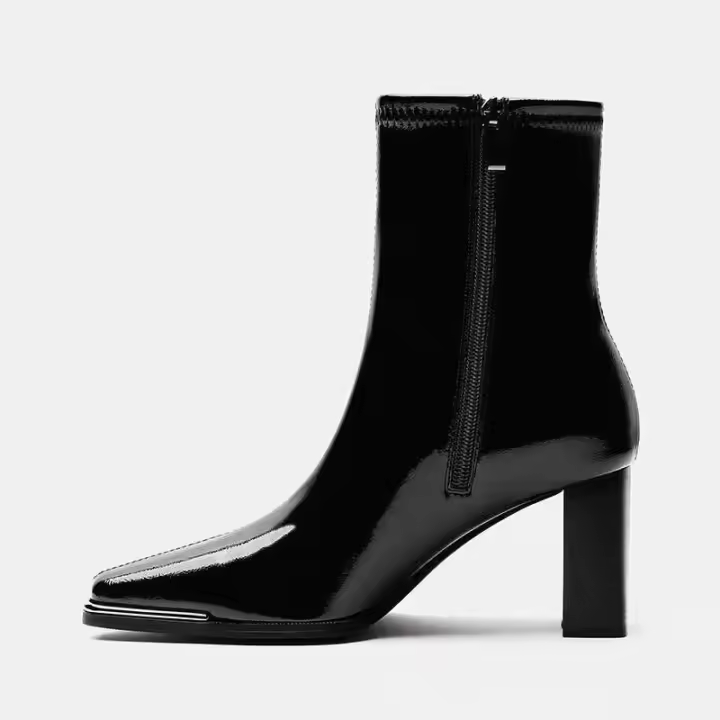 Tacones altos para mujer, medias botas de cuero negro brillante para mujer, zapatos de moda - 1