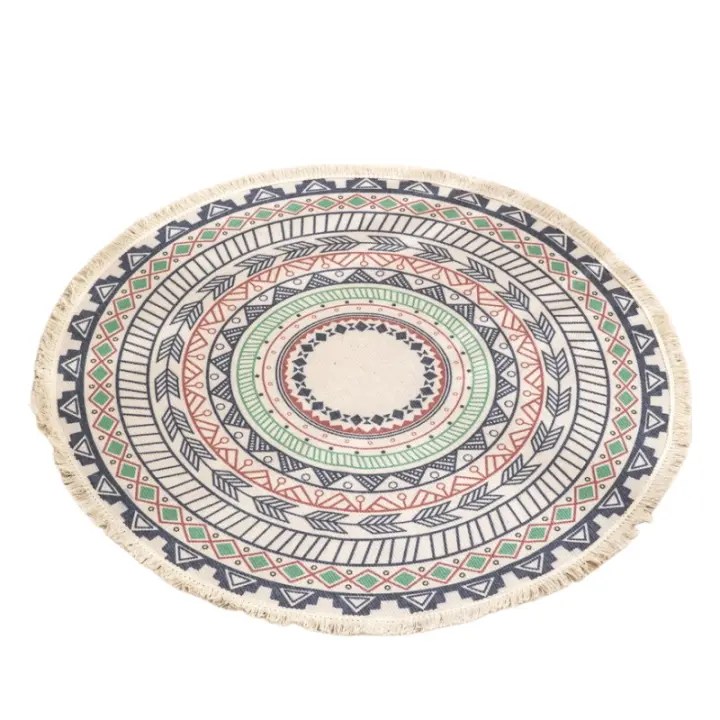 Alfombra Bohemia Redonda de Algodón y Lino con Diseño de Mandala Tapete para Dormitorio y Sala de Estar Alfombra de Area con Borlas - 1