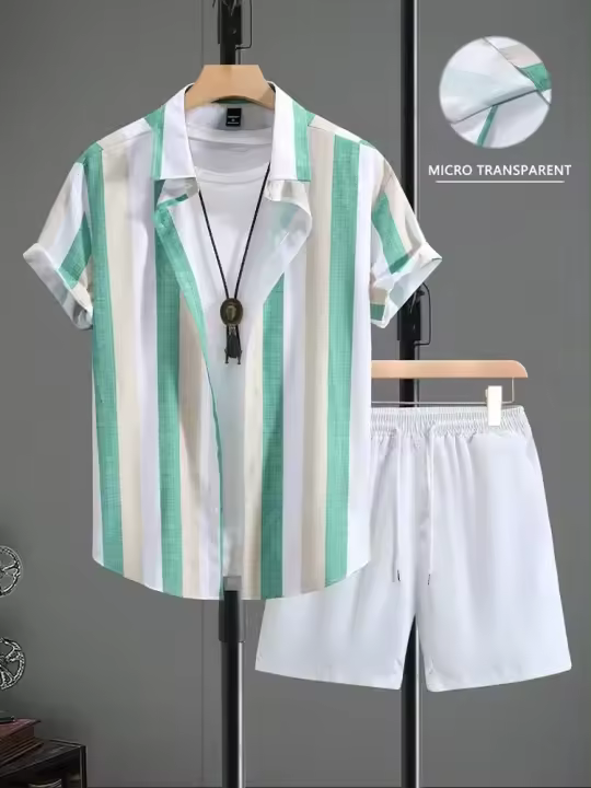 Conjunto Casual para Hombres Pantalones Cortos de Playa Hawaianos con Estampado de Hojas de Palma - 1