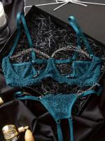 Conjunto de lencería de encaje floral erótico, sujetador abierto transparente y tanga con cadena, lencería sexy y ropa interior - details 0