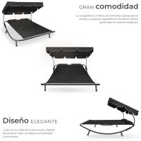 Tumbona Doble de Jardín, Tumbona de Playa con Sombrilla Plegable, Tumbona de Piscina para Dos, Tumbona de Jardín Exterior con 2 Ruedas y Cojines, Fácil Montaje, Interior y Exterior - Negro/Negro - details 2