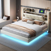 Marca de Cama Almohada 160 x 200 cm con Enchufe USB y Barra de Luz Cabeza Giratoria con Compartimentos de Almacenamiento Marco de Metal Estable Lino Doble Cama en Marrón - details 3