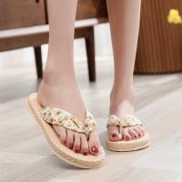 Novedad de verano, chanclas informales de paja de imitación para mujer, flores Han Chao, ropa de playa, zapatillas frescas - details 3