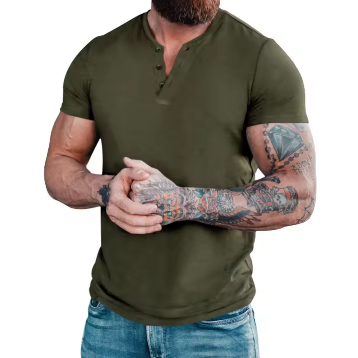 Camiseta de manga corta Henley para hombre, camisa informal de algodón, M-6XL verde - 1