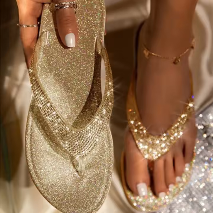 Sandalias tipo Tanga para vacaciones, chanclas con diamantes de imitación, sandalias antideslizantes impermeables para la playa, zapatillas planas brillantes para vacaciones y playa para niñas - 1