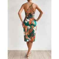 Nuevo vestido de tirantes medio y largo con estampado de abertura lateral para mujer - details 2