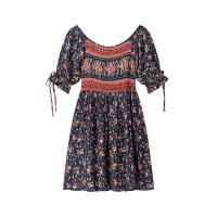 Vestido de Algodón Estampado de Moda para Mujer OUWU Mini Vestido Versátil con Manga de Princesa, Cuello en Polo, Cintura Imperio - details 5