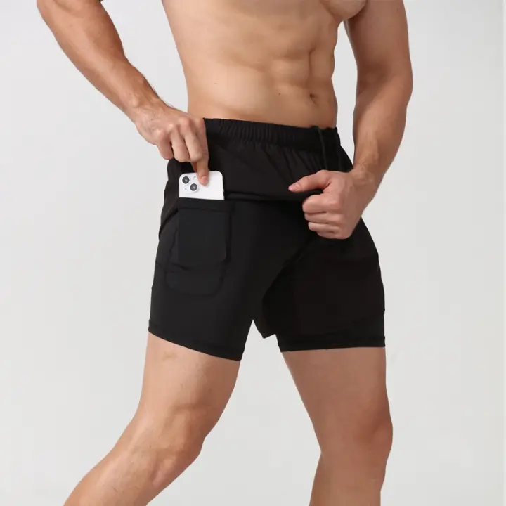 Pantalones Cortos de Correr de Poliéster 2-en-1 con Liner de Compresión y Bolsillo para Teléfono - 1