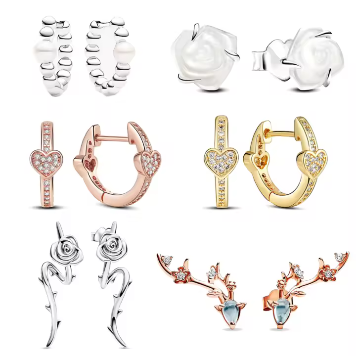 Pendientes de plata de ley 925, conjunto de seis pendientes de moda seleccionados, aretes de plata, pendientes de plata, rosa brillante, regalo - 1