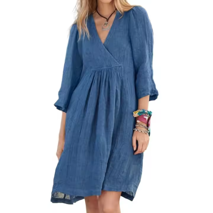 Vestido mediano con cuello en V y mangas tres cuartos en color liso estilo algodón y lino para mujer - 1