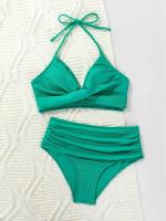 Bikini de Cintura Alta 2025 Traje de Baño de Halter para Mujeres Traje de Baño Sólido - details 11