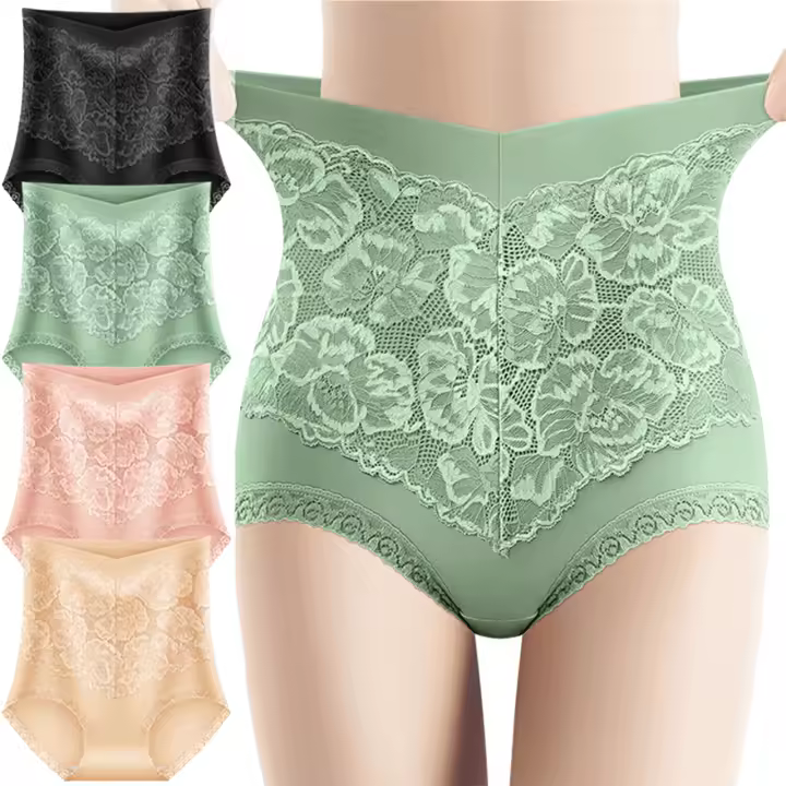 4 Uds. Ropa interior europea de cintura alta para mujer, Breifs con diseño hueco de encaje con patrón de bordado Vintage, paquete múltiple de un solo artículo - 1
