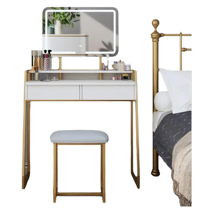 Maquillaje con espejo y luz LED, iluminación ajustable, mesa de maquillaje con taburete, 2 cajones de almacenamiento y estantes, estructura de metal, para dormitorio, blanco y dorado - 1