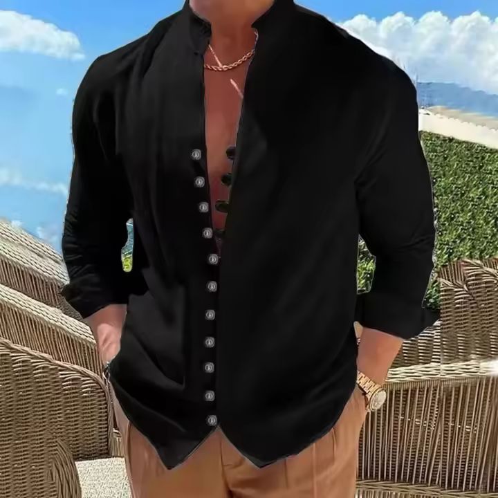 Camisa de algodón y lino de primavera y otoño, camisa de manga larga para hombre, color sólido, abotonada, estilo casual, tallas grandes - 1