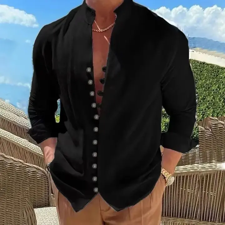 Camisa de algodón y lino de primavera y otoño, camisa de manga larga para hombre, color sólido, abotonada, estilo casual, tallas grandes - 1